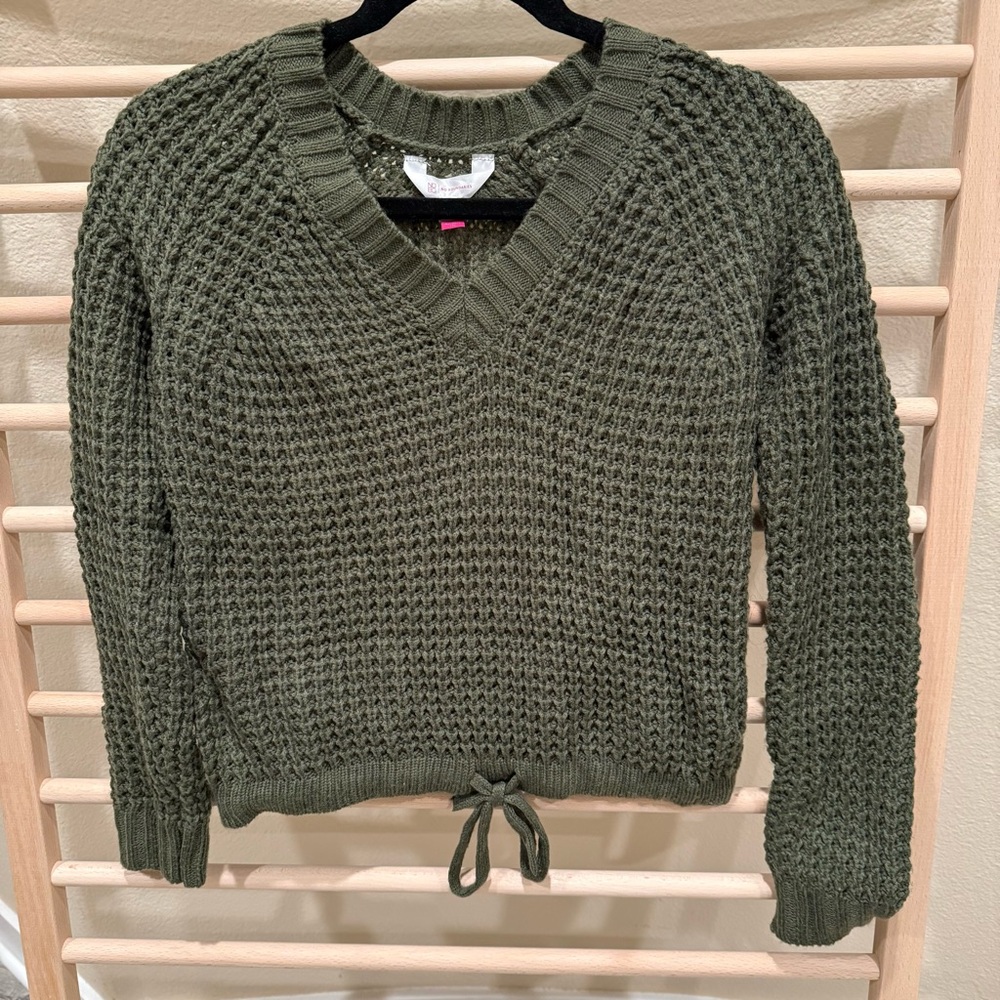 Olive Green V-Neck Drawstring Women's Sweater